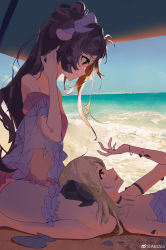 Rule 34 | 2girls, absurdres, akshia, animal ears, arknights, beach, beach umbrella, blonde hair, closed mouth, commentary request, eyjafjalla (arknights), highres, horns, ifrit (arknights), long hair, material growth, multiple girls, oripathy lesion (arknights), outdoors, parted lips, purple eyes, purple hair, seashell, sheep ears, sheep horns, shell, umbrella, water, weibo logo, weibo watermark, yellow eyes, yuri