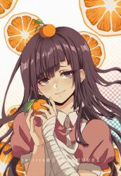 Rule 34 | 1girl, bandaged arm, bandages, collared shirt, commentary, criis-chan, danganronpa (series), danganronpa 2: goodbye despair, food, food on head, fruit, holding, holding food, long hair, mandarin orange, mole, mole under eye, multicolored background, object on head, pink shirt, puffy short sleeves, puffy sleeves, purple eyes, shirt, short sleeves, smile, solo, symbol-only commentary, tsumiki mikan, twitter username, upper body, white shirt