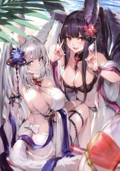 Rule 34 | 2girls, absurdres, animal ears, bare shoulders, beach, bell, bikini, black bikini, black hair, blue eyes, blue sky, blush, breast press, breasts, choker, cleavage, closed mouth, cloud, day, detached sleeves, erune, fang, flower, fox ears, fox tail, granblue fantasy, hair bell, hair flower, hair ornament, highres, jingle bell, large breasts, light particles, long hair, looking at viewer, multiple girls, off shoulder, open mouth, outdoors, red eyes, scan, silver hair, sitting, skindentation, sky, smile, societte (granblue fantasy), swimsuit, tail, very long hair, watao, wet, wet clothes, white bikini, yuel (granblue fantasy)