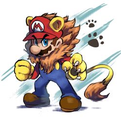 Rule 34 | 1boy, animal ears, blue eyes, blue overalls, boots, brown footwear, brown hair, facial hair, full body, hat, highres, lion boy, lion ears, lion mane, lion paw, lion tail, looking at viewer, mari luijiroh, mario, mario (series), mustache, nintendo, overalls, paw print, red hat, red shirt, shirt, short hair, solo, tail, white background
