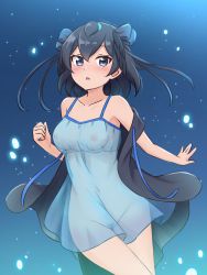 Rule 34 | 1girl, adapted costume, bare shoulders, black hair, blue dress, blue eyes, blue ribbon, breasts, collarbone, commentary request, cosplay, cowboy shot, dress, female pubic hair, hair between eyes, hair ribbon, head wings, highres, kemono friends, looking at viewer, medium breasts, navel, nipples, no panties, parted lips, pubic hair, ribbon, see-through, shiraha maru, short hair, skyfish (kemono friends), skyfish (kemono friends) (cosplay), sleeveless, sleeveless dress, solo, spaghetti strap, superb bird-of-paradise (kemono friends), thigh gap, twitter username, wings