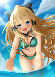 Rule 34 | 1girl, bikini, black bow, blonde hair, blue eyes, blush, bow, breasts, cleavage, elf, hair bow, hair ornament, highres, long hair, looking at viewer, medium breasts, navel, open mouth, pointy ears, ponytail, princess connect!, pxz (ansony9898), saren (princess connect!), saren (summer) (princess connect!), smile, solo, swimsuit