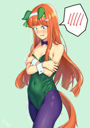 Rule 34 | 1girl, absurdres, alternate costume, animal ears, blush, breasts, cleavage, collarbone, commentary request, gisuta sunshine, green background, hair ornament, headband, highres, horse ears, horse girl, horse tail, leotard, navel, open mouth, orange hair, pantyhose, playboy bunny, ribbon, shaking, silence suzuka (umamusume), small breasts, solo, sweat, tail, tears, umamusume