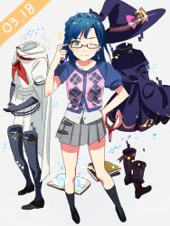Rule 34 | 10s, 1girl, bespectacled, birthday, black footwear, blue hair, boots, costume, dated, glasses, hat, highres, idol heroes (idolmaster), idolmaster, idolmaster million live!, knee boots, looking at viewer, nanao yuriko, official alternate costume, one eye closed, school uniform, serafuku, smile, solo, wink, witch hat, yellow eyes, yomosaka