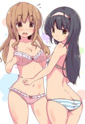 Rule 34 | 2girls, ass, black hair, blush, bra, breasts, brown eyes, brown hair, butt crack, cameltoe, cleavage, collarbone, girls und panzer, groin, hair ornament, hairband, large breasts, multiple girls, navel, open mouth, panties, pinching, pink bra, pink panties, reizei mako, simple background, small breasts, striped bra, striped clothes, striped panties, takebe saori, tom q (tomtoq), underwear, underwear only, wavy mouth, white background