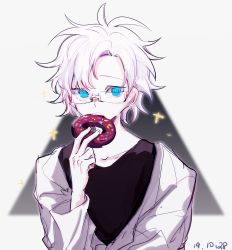 Rule 34 | 1boy, black shirt, blue eyes, chinese commentary, coat, commentary request, curtained hair, dated, dice156, doughnut, eating, food, glasses, highres, holding, holding food, kanou aogu, lab coat, long sleeves, male focus, open clothes, open coat, rectangular eyewear, saibou shinkyoku, shirt, short hair, solo, sparkle, upper body, white hair