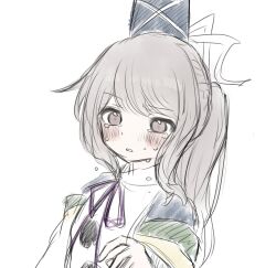Rule 34 | 1girl, blue hat, blush, commentary request, crying, grey eyes, grey hair, hat, highres, japanese clothes, kariginu, mononobe no futo, open mouth, pipita, pom pom (clothes), ponytail, simple background, solo, tate eboshi, touhou, upper body, white background