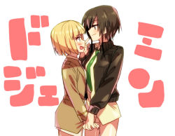 Rule 34 | 147, 2girls, blonde hair, blue eyes, blush, brown hair, dominica s. gentile, green necktie, holding hands, jacket, jane t. godfrey, long sleeves, military, military uniform, multiple girls, necktie, no pants, open mouth, pointing, pointing at self, short hair, strike witches, uniform, wavy mouth, world witches series, yuri
