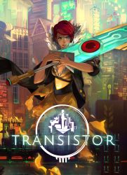 Rule 34 | 1girl, blue eyes, cityscape, copyright name, dress, english text, highres, huge weapon, jen zee, logo, official art, red (transistor), red hair, short hair, sword, the transistor, transistor (game), weapon