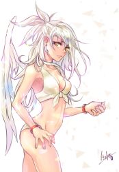 Rule 34 | 1girl, angel wings, bikini, bra, closed mouth, korean text, long hair, looking at viewer, mammon (tomb raider king), official art, orange eyes, serious, simple background, solo, swimsuit, tomb raider king, underwear, very long hair, white background, white bikini, white bra, white hair, wings