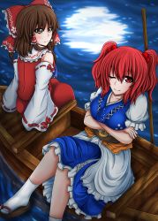 Rule 34 | 2girls, belt, boat, bow, breast rest, breasts, brown hair, coin, collarbone, crossed arms, detached sleeves, dress, facing away, full moon, hair bobbles, hair bow, hair ornament, hair tubes, hakurei reimu, highres, large breasts, layered dress, crossed legs, looking at viewer, looking back, moon, multiple girls, one eye closed, onozuka komachi, orange eyes, reclining, red eyes, red hair, reflection, ribbon-trimmed sleeves, ribbon trim, sandals, short hair, short sleeves, sitting, smile, suikyou (aqua cities), tabi, touhou, twintails, two side up, water, watercraft