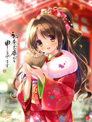 Rule 34 | &gt; &lt;, 1girl, :d, animal, artist name, blurry, blurry background, blush, bow, brown hair, chinese zodiac, commentary request, day, depth of field, flower, fur collar, hair bow, hair flower, hair ornament, high ponytail, highres, holding, holding animal, idolmaster, idolmaster cinderella girls, japanese clothes, kimono, lens flare, long hair, long sleeves, new year, obi, open mouth, outdoors, ozawa yuu, parted bangs, piglet, pink bow, red flower, red kimono, sash, shimamura uzuki, smile, solo, sparkle, sunlight, tareme, translation request, upper body, very long hair, wavy hair, wide sleeves, year of the pig, yellow eyes