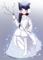 Rule 34 | 1girl, absurdres, aged down, ahri (league of legends), alternate costume, animal ears, bad id, bad pixiv id, black hair, blush, braid, branch, brown eyes, dress, eagle970912, earmuffs, fox ears, fox tail, full body, gloves, gradient background, grey background, hair ornament, hair over shoulder, highres, holding, holding stick, league of legends, long hair, looking at viewer, multiple tails, no shoes, simple background, skirt, smile, snowflake hair ornament, snowflakes, solo, standing, stick, tail, twitter username, white dress, white gloves, white legwear, white skirt, yellow eyes