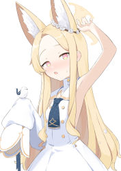 Rule 34 | 1girl, absurdres, animal ear fluff, animal ears, arm up, asymmetrical sleeves, bird, blonde hair, blue archive, blue necktie, blush, buttons, cross halo, detached sleeves, dress, forehead, halo, haruumi301, highres, long hair, looking at viewer, necktie, open hand, parted bangs, sailor collar, seia (blue archive), simple background, sleeveless, sleeveless dress, sleeves past fingers, sleeves past wrists, solo, sweat, white background, white dress, white sailor collar