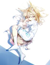 1girl animal_ear_fluff animal_ears blonde_hair breasts fox_ears fox_girl fox_tail gorilla_(bun0615) hair_between_eyes highres hugging_own_tail hugging_tail kudamaki_tsukasa lying on_side ribbon romper short_hair short_sleeves simple_background socks solo tail touhou white_romper white_socks yellow_eyes