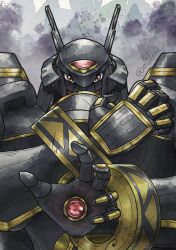 Rule 34 | absurdres, alphamon, armor, digicore, digimon, highres, looking at viewer, red eyes, solo