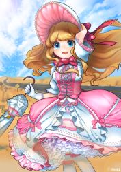Rule 34 | 1girl, :o, absurdres, bad id, bad pixiv id, blonde hair, blue eyes, bonnet, bow, closed umbrella, cloud, corset, cowboy shot, day, dress, dress bow, frills, gloves, highres, layered dress, lolita fashion, long hair, nigyo (dynamic heaven), original, pantyhose, petticoat, pink bow, red bow, road sign, sign, single glove, sky, solo, tears, twitter username, umbrella, white gloves, white pantyhose