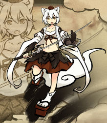 Rule 34 | 1girl, adapted costume, animal ears, collarbone, fang, gauntlets, geta, hat, highres, inubashiri momiji, katana, long sleeves, looking at viewer, midriff, navel, open clothes, open mouth, open vest, silver hair, skirt, solo, strapless, sword, tail, tokin hat, touhou, tube top, vest, weapon, wide sleeves, wolf ears, wolf tail, yellow eyes, yudepii, zoom layer