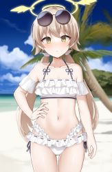 Rule 34 | 1girl, absurdres, beach, bikini, blue archive, blue sky, blurry, blurry background, blush, brown hair, closed mouth, cloud, day, eyewear on head, frilled bikini, frills, halo, hand on own hip, hifumi (blue archive), hifumi (swimsuit) (blue archive), highres, long hair, looking at viewer, low twintails, outdoors, palm tree, round eyewear, shengtian, sky, solo, sunglasses, swimsuit, tree, twintails, white bikini, yellow eyes
