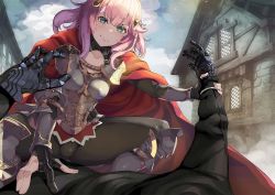 Rule 34 | 1boy, 1girl, armor, armored boots, blush, bodystocking, boots, bracer, breasts, cloak, closed mouth, cloud, cloudy sky, green eyes, hair ornament, hand grab, looking at viewer, looking down, medium breasts, nishii (damnedrive), novel illustration, official art, ore ni wa kono kuragari ga kokochi yokatta, out of frame, outdoors, pink hair, red cloak, second-party source, sky, smirk, straddling, textless version, v-shaped eyebrows