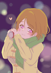 Rule 34 | 1girl, absurdres, artist name, artist request, blush, breasts, brown hair, can, cloud, coat, drink can, female focus, green scarf, hair between eyes, heart, heart (symbol), highres, holding, holding can, koizumi hanayo, long sleeves, looking at viewer, love live!, love live! school idol project, medium breasts, night, night sky, outdoors, parted lips, purple eyes, scarf, short hair, sky, smile, soda can, solo, upper body, yellow coat