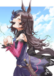 Rule 34 | 1girl, absurdres, animal ears, black hair, blue flower, blue rose, blue sky, blush, clenched hands, cloud, dagger, day, dress, closed eyes, flower, from side, haruyuki (gffewuoutgblubh), highres, horse ears, horse girl, knife, long hair, open mouth, profile, purple dress, rice shower (umamusume), rose, sky, solo, sweat, teeth, tilted headwear, umamusume, upper teeth only, weapon