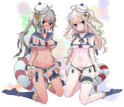 Rule 34 | 2girls, :&lt;, angry, armband, bad id, bad pixiv id, blonde hair, blue eyes, blush, bra, breasts, choker, cleavage, collarbone, covered erect nipples, dark-skinned female, dark skin, dixie cup hat, elf, fang, full body, grey hair, hair ornament, hat, kneehighs, kneeling, lace, lace-trimmed bra, lace trim, lifebuoy, lingerie, long hair, looking at viewer, micro bra, military hat, multiple girls, navel, open mouth, pale skin, pointy ears, ponytail, red eyes, socks, swim ring, tajima ryuushi, twintails, underwear, wavy mouth