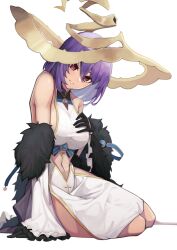Rule 34 | 1girl, arm rest, azur lane, bare shoulders, black gloves, breasts, clothing cutout, cross, feather boa, fur trim, gloves, hat, large breasts, looking at viewer, lyon (azur lane), navel, parted lips, pink eyes, purple hair, short hair, simple background, sitting, smile, solo, stomach cutout, viktorf, white background, witch hat