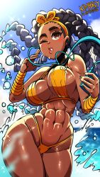 Rule 34 | 1girl, abs, absurdres, aqua hair, bandaged wrist, bandages, bikini, black hair, blue sky, bouncing breasts, bow hairband, breasts, brown eyes, brown lips, colored tips, commentary, dark skin, earphones, english commentary, forehead, hairband, highres, kimberly jackson, king meg art, large breasts, listening to music, long hair, micro bikini, multicolored hair, navel, o-ring, o-ring bikini, ocean, one eye closed, orange bikini, quad braids, sideboob, sky, solo, splashing, strap gap, street fighter, street fighter 6, swimsuit, thick eyebrows, thick thighs, thighs, toned, very dark skin, very long hair, wading, walkman, water, wide hips, yellow hairband