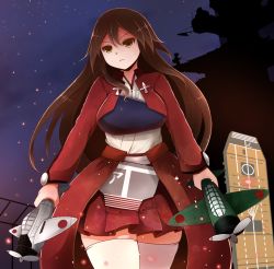 Rule 34 | 1girl, aircraft, airplane, akagi (kancolle), arano oki, archer (fate), archer (fate) (cosplay), brown eyes, brown hair, cosplay, dual wielding, fate/stay night, fate (series), female focus, flight deck, holding, kantai collection, long hair, night, outdoors, serious, sky, solo, star (symbol), thighhighs