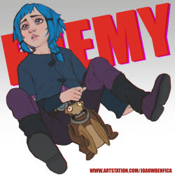 Rule 34 | 1girl, absurdres, arcane: league of legends, arm support, artist name, blue hair, blue shirt, gradient background, grey background, hair ornament, hairclip, highres, joaowbenfica, league of legends, long sleeves, pants, parted lips, pink eyes, pink pants, powder (arcane), shirt, shoes, short hair, short sleeves, solo, teeth, watermark, web address