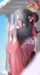 Rule 34 | 1girl, absurdres, amondo, black hair, blue archive, blurry, blurry background, blush, breath, commentary request, day, depth of field, floral print, from side, fur-trimmed kimono, fur trim, furisode, hair belt, hair bun, hair ribbon, halo, hands up, hasumi (blue archive), hatsumoude, highres, japanese clothes, kimono, new year, obi, open mouth, print kimono, red eyes, red halo, red kimono, red ribbon, ribbon, sash, solo, wide sleeves