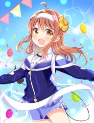 Rule 34 | 1girl, alternate costume, balloon, blue shorts, blue sky, blush, brown eyes, brown hair, commentary, confetti, cowboy shot, curled horns, demon girl, demon horns, demon tail, fang, floating hair, gym uniform, hair between eyes, hairband, happy, highres, horns, long hair, long sleeves, looking at viewer, machikado mazoku, nanami ayane (kusunoki5050), open mouth, outdoors, outstretched arms, shorts, skin fang, sky, smile, solo, sports festival, standing, sweatdrop, tail, v-shaped eyebrows, victory, white hairband, yoshida yuuko (machikado mazoku)