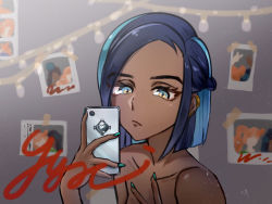 Rule 34 | 1girl, alternate hair length, alternate hairstyle, black hair, blue eyes, blue hair, cellphone, closed mouth, collarbone, commentary request, creatures (company), dark-skinned female, dark skin, earclip, earrings, echizen (n fns17), frown, game freak, green nails, holding, holding phone, jewelry, long hair, multicolored hair, nail polish, nessa (pokemon), nintendo, nude, phone, photo (object), pokemon, pokemon swsh, short hair, solo, sonia (pokemon), spread fingers, two-tone hair, upper body