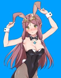 Rule 34 | 1girl, alternate costume, animal costume, animal ears, arms up, blue background, blush, breasts, brown hair, cleavage, fake animal ears, fake tail, fan la norne, gem, hair ornament, headpiece, jewelry, large breasts, leotard, long hair, misu kasumi, nervous, nintendo, pantyhose, playboy bunny, rabbit ears, shy, simple background, solo, tail, tray, very long hair, xenoblade chronicles (series), xenoblade chronicles 2, xenoblade chronicles 2: torna - the golden country