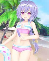 Rule 34 | absurdres, artist request, bare shoulders, beach, bikini, braid, breasts, cloud, dhiparizky, happy, highres, ice lolly, ice pop, long hair, moutains, navel, neptune (series), ocean, open mouth, palm tree, pink eyes, purple hair, pururut, rubber ring, sand, sky, small breasts, swimsuit, thighs, tree, water