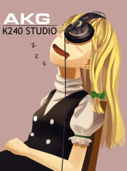 Rule 34 | 1girl, akg, black vest, blonde hair, blush, cable, chair, covered eyes, drooling, english text, headphones, kirisame marisa, long hair, open mouth, pink background, puffy short sleeves, puffy sleeves, shirt, short sleeves, sleeping, sleeping upright, touhou, traghetto, vest, white shirt, you&#039;re doing it wrong, zzz