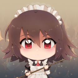 Rule 34 | 1girl, aliza (ragnarok online), apron, ascot, black dress, blush, broom, brown hair, chibi, chorvaqueen, closed mouth, collared dress, commentary, dress, english commentary, expressionless, frilled dress, frills, hair between eyes, holding, holding broom, long sleeves, looking at viewer, maid, maid apron, maid headdress, puffy short sleeves, puffy sleeves, ragnarok online, red ascot, red eyes, short hair, short sleeves, solo, white apron