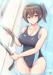 Rule 34 | 1girl, absurdres, bad id, bad pixiv id, blush, breasts, brown eyes, brown hair, cleavage, collarbone, competition swimsuit, cowboy shot, hair between eyes, highres, kaga (kancolle), kantai collection, large breasts, looking at viewer, one-piece swimsuit, parted lips, photoshop (medium), pool, rei no pool, revision, side ponytail, solo, swimsuit, tong shui, water
