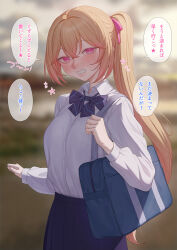 Rule 34 | 1girl, bag, blonde hair, blue bow, blue bowtie, blue skirt, blurry, blurry background, blush, bow, bowtie, breast pocket, collared shirt, colored tips, commentary, crossed bangs, dress shirt, grin, hair between eyes, hair ribbon, high ponytail, highres, long hair, looking at viewer, multicolored hair, ni (221), original, pink eyes, pink hair, pink ribbon, pleated skirt, pocket, ponytail, ribbon, school bag, school uniform, shirt, shirt tucked in, skirt, smile, solo, symbol-only commentary, teeth, translation request, very long hair, white shirt