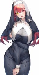 Rule 34 | 1girl, alternate costume, aoi gorilla, arm under breasts, black dress, blush, breasts, commentary, covering privates, covering crotch, cowboy shot, dress, furrowed brow, habit, hair between eyes, heterochromia, highres, hololive, houshou marine, houshou marine (nun), large breasts, long hair, long sleeves, looking at viewer, nun, open mouth, red eyes, red hair, simple background, solo, standing, symbol-only commentary, taut clothes, taut dress, twintails, veil, virtual youtuber, yellow eyes