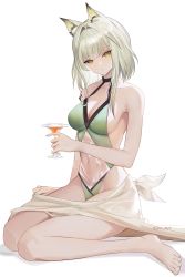 Rule 34 | 1girl, absurdres, animal ear fluff, animal ears, arknights, bare arms, bare legs, bare shoulders, barefoot, blonde hair, breasts, casual one-piece swimsuit, cat ears, cleavage, closed mouth, covered navel, cup, drink, drinking glass, green eyes, green one-piece swimsuit, hair intakes, highres, holding, holding cup, kal&#039;tsit (arknights), kirsos, looking at viewer, medium breasts, one-piece swimsuit, sarong, short hair with long locks, sideboob, sidelocks, simple background, sitting, solo, swimsuit, twitter username, wariza, white background