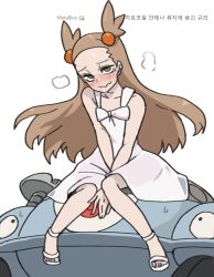 Rule 34 | 1girl, bare arms, between legs, blush, brown eyes, brown hair, closed mouth, collarbone, commentary, creatures (company), dress, eyelashes, game freak, gen 4 pokemon, gigobyte350, hair bobbles, hair ornament, hand between legs, jasmine (pokemon), long hair, looking at viewer, magnezone, nintendo, pokemon, pokemon (creature), pokemon gsc, sandals, sitting, sleeveless, sleeveless dress, smile, sweat, toes, two side up, white background, white dress, white footwear
