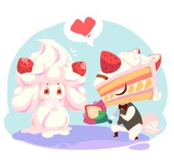 Rule 34 | alcremie, alcremie (strawberry sweet), alcremie (vanilla cream), black vest, blush, bouquet, bow, bowtie, closed eyes, commentary request, covering own mouth, creature, creatures (company), crossover, digimon, digimon (creature), flower, game freak, gen 8 pokemon, heart, holding, holding bouquet, kariki hajime, looking at another, marriage proposal, nintendo, no humans, notice lines, on one knee, pokemon, pokemon (creature), red bow, shortmon, spoken heart, trait connection, vest