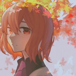 Rule 34 | 1girl, autumn, autumn leaves, black shirt, chinese commentary, collared shirt, commentary request, eyebrows hidden by hair, film grain, hair between eyes, horikawa raiko, jacket, necktie, pink necktie, portrait, red eyes, red hair, shirt, short hair, solo, touhou, white jacket, xianyujunzhimiyingla