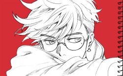 Rule 34 | 1boy, bae (baebae), covered mouth, earrings, glasses, greyscale with colored background, highres, jewelry, male focus, mole, mole under eye, monochrome, portrait, red background, round eyewear, short hair, sideways glance, simple background, solo, trigun, trigun stampede, vash the stampede