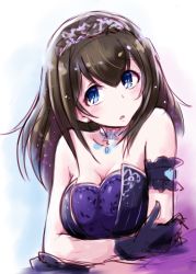 Rule 34 | 10s, 1girl, black hair, blue eyes, blush, breasts, collarbone, hairband, highres, idolmaster, idolmaster cinderella girls, idolmaster cinderella girls starlight stage, jewelry, large breasts, long hair, looking at viewer, open mouth, pendant, sagisawa fumika, satogo, solo
