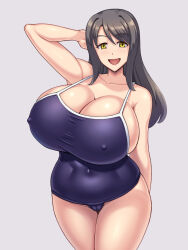 Rule 34 | 1girl, :d, arm behind back, arm up, bare arms, black hair, blue one-piece swimsuit, breasts, cameltoe, cleavage, collarbone, commentary request, covered erect nipples, covered navel, curvy, grey background, hair between eyes, hand in own hair, huge breasts, kawanuma uotsuri, looking at viewer, mature female, old school swimsuit, one-piece swimsuit, open mouth, original, school swimsuit, sidelocks, simple background, smile, solo, standing, swimsuit, wide hips, yellow eyes