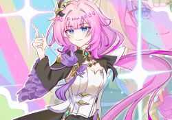 Rule 34 | 1girl, blue eyes, breasts, cleavage, clothing cutout, detached sleeves, elysia (honkai impact), hair between eyes, hair ornament, honkai (series), honkai impact 3rd, long hair, multicolored background, pink hair, pink pupils, pointing, pointing up, shirt, side cutout, smile, solo, touxiangshibenrenbiewenle, very long hair, white shirt, zoom layer
