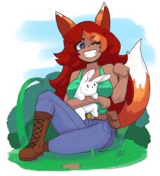 Rule 34 | 1girl, animal ears, belt, blue eyes, blue jeans, boots, brown footwear, clenched hands, clenched teeth, collarbone, dark-skinned female, dark skin, doce, fanny pack, female focus, fox ears, fox girl, fox tail, full body, grass, green shirt, grin, highres, long hair, looking at viewer, one eye closed, outdoors, rabbit, red hair, shirt, sitting, smile, solo, tail, tank top, teeth, terraria, zoologist (terraria)